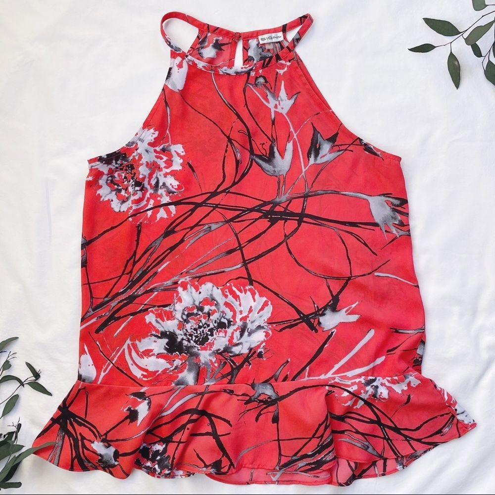 Sioni Coral Red Pink Sheer Peplum Sleeveless Blouse Top Gray White Floral Print